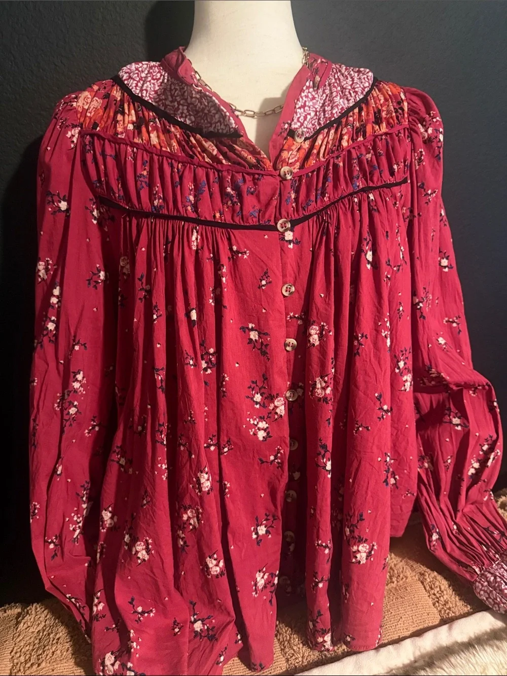 Free People Dark RedPeasant Blouse size small long sleeve